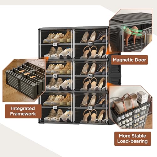 Vipbox Black Shoe Rack Organizer Cabinet for Closet Entryway,Clear Shoe Storage Boxes Stackable Sneaker Storage with Door Easy Assembly Shoe Cabinet with Lids Large 6 Tiers 24 Pairs - size: 6 Tiers 24 Pairs