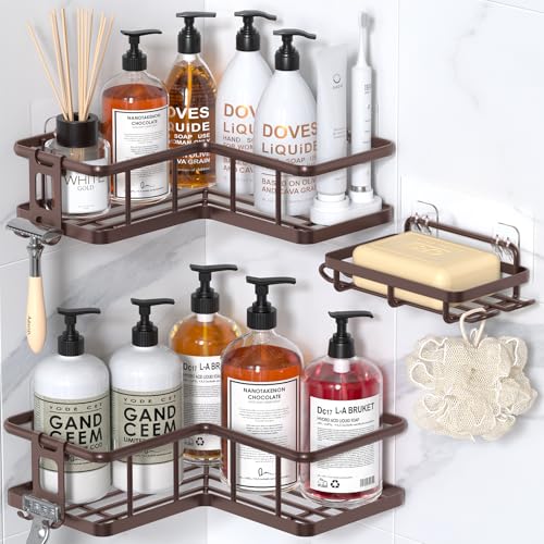 YASONIC Shower Caddy Corner, 3-Pack Adhesive Rustproof Stainless Steel Shower Shelves with Soap Holder, No Drilling Shower Organizer Corner for Dorm, Renters Bathroom, Bronze - color: Bronze, size: 3Pack