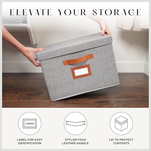 3 Pack Large Fabric Storage Boxes with Lids (15.75" x 11.25" x 11.25") - Decorative Bin with Lid, Label Holder, Faux Leather Handles - Large Storage Boxes for Organizing Clothes, Blankets - Grey - color: Steel Grey