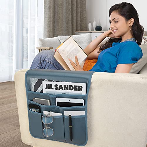 Teniux Remote Control Holder Faux Leather Armrest Organizer with 6 Pockets for recliner couch sofa, Armchair Caddy for Smart Phone, Book, Magazines, Ipad, Remotes (Moonlight Blue) - color: Moonlight Blue