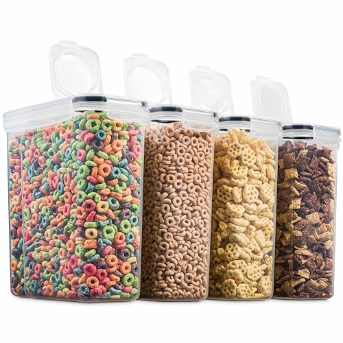 4 Pack Airtight Cereal & Dry Food Storage Container - BPA Free Plastic Kitchen and Pantry Organization Canisters for, Flour, Sugar, Rice, Nuts, Snacks, Pet Food & More (4L, 16.9 Cup, 135.5 Ounce