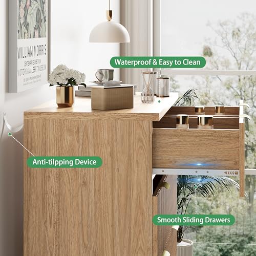 Fluted Dresser for Bedroom with 6 Drawers, 46" Tall Modern Chest of Drawers with Metal Handle, Wooden Dresser TV Stand, Wood Closet Clothes Storage Organizer for Living Room, Hallway, Natural Oak - color: Natural Oak, size: 15.6"D x 31.5"W x 46.1"H (6 Dra