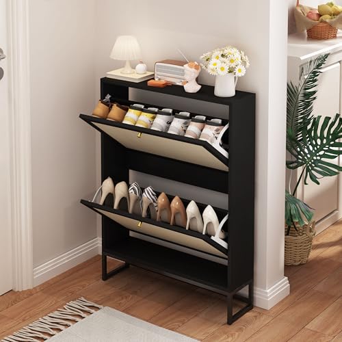 Black Narrow Shoe Cabinet, Hidden Slim Shoe Storage Cabinet for Entryway, 25.6"x34.7" Flip Drawer Shoe Oraganizer Rack with Metal Base (Black, 2-Drawer-No Divider) - color: Linen-black, size: 2-Drawer-No Divider