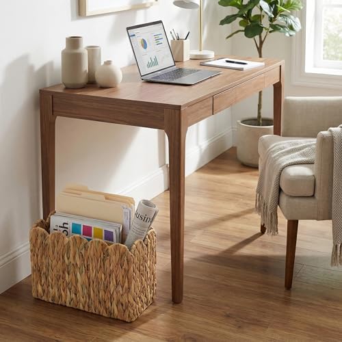 Water Hyacinth Magazine Holder for Floor, Wicker Magazine Basket, Tall Narrow Magazine Rack & File Holder for Books, Mail & Newspapers, Scalloped Storage Basket for Living Room, Office, Bedroom - color: Natural(Water Hyacinth)