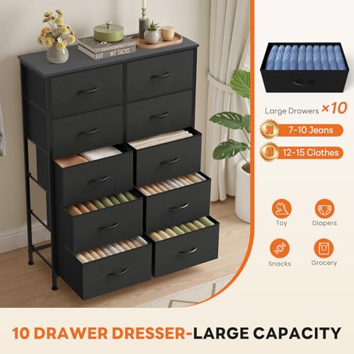 Sweetcrispy Black Dresser for Bedroom, 10 Drawer Tall Dresser, Fabric Storage Tower with Bins, Chest Organizer Unit for Bedroom Closet, Hallway, Steel Frame Wood Top, Easy Pull Handle - color: Black