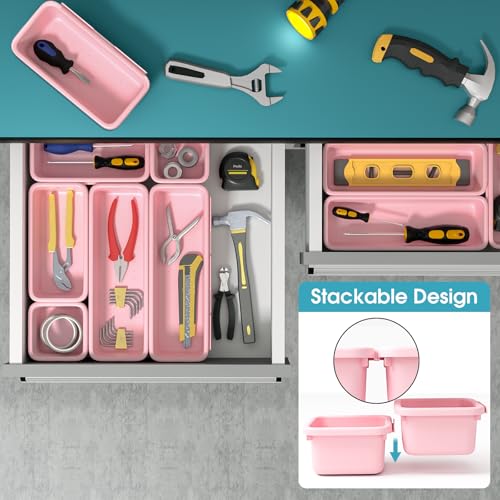6 PCS Drawer Organizer Set, 3 Size Makeup Drawer Divider Organizer With Non-Slip Pads, Interlocking Plastic Storage Bins for Office,Jewelry Vanity,Gadgets, Bathroom,Kitchen, Pink - color: Pink, size: 6Pack