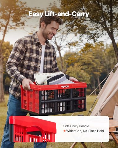 VEVOR Plastic Collapsible Storage Bins, 32L 3 Packs, Stackable Folding Storage Crates with Handles, Holds 26 lbs Per Bin, Foldable Heavy Duty Containers, Space-Saving Baskets, for Home Organizing - size: 32L-Red-3PC