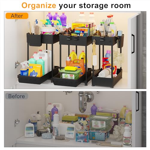 Sevenblue 3 Pack Under Sink Organizers, 2-Tier Multi-Use Kitchen and Bathroom Organizers and Storage with Sliding Drawers, Bathroom Cabinet Organizer (Black, 14.8 Inch) - color: Black, size: 14.8 Inch