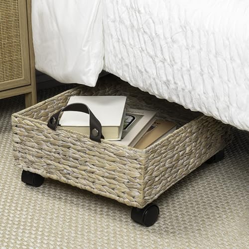 happimess BSK2014C Adaline 18.11" Classic Farmhouse Handwoven Hyacinth Rectangular Underbed Storage Bin with Wheels and Handles for Storage and Decoration in Bathroom, Bedroom, Closet, White Wash - color: White Wash