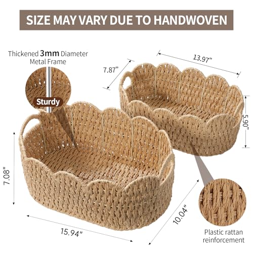 Coeusy Paper Rope Scalloped Basket Set of 2,Woven Storage Baskets for Shelves,Laundry,Towels,Clothes,Books,Toys,Cute Decor Baskets for Organizing,Natural Color - color: Natural