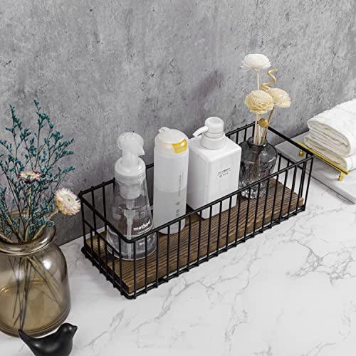 MyGift Toilet Paper Roll Holder Basket, Industrial Matte Black Metal Wire and Rustic Burnt Wood Above Tank Bathroom Toiletries Storage Organizer Vanity Basket - color: Black / Dark Brown