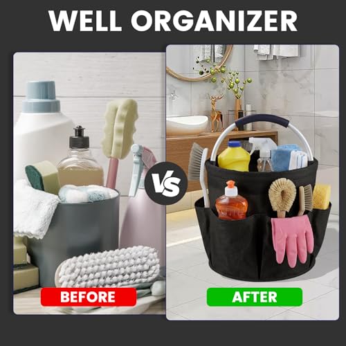 Cleaning Caddy with Handle and 6 Pockets, 17L Cleaning Supplies Organizer, 600D Oxford Fabric Storage Basket, Multifunctional Bucket Bag for Picnics, Camping, Gardening, Bathing (Black) - color: Black