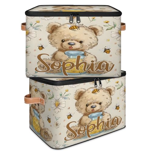 Custom Storage Basket with Name, Personalized Storage Bins with Zipper Lid, Foldable Fabric Storage Box Large capacity with Handle Flower Bee Bear - color: Option 20