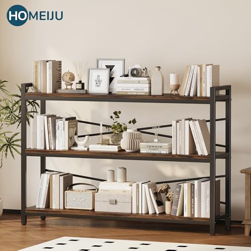 3 Tier Bookshelf 47.24" Width, Wood and Metal Etagere Bookcase, Vintage Farmhouse Modern Wooden Large Book Shelf for Home Living Room Bedroom Office Storage(Rustic Brown) - color: Rustic, size: 3 Tier - 47.2" W