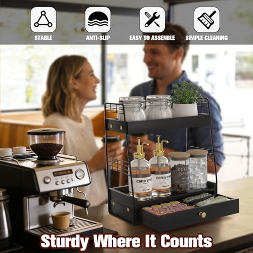 Coffee Bar Station Organizer with Built-In Drawer, 2-Tier Countertop Shelf for Tea Bags, Coffee Accessories, Syrup Bottles (Black) - color: Black