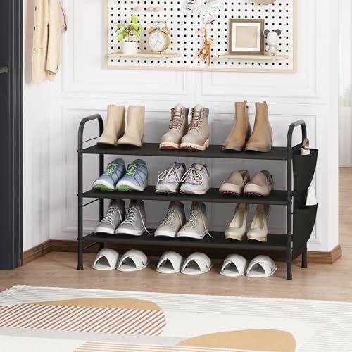 3 Tier Shoe Rack with Side Pockets, Shoe Organizer Space Saver Storage for 7-9 Pairs Shoes Storage Shelf Sturdy Free Standing Metal Long Shoe Holder Organizer for Closet, Entryway Black - color: Black, size: 3 Tier
