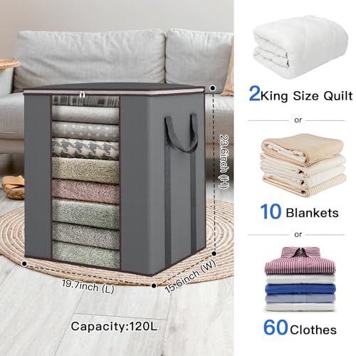 Fixwal Extra Large Blanket Storage Bags 120L 2 Pack Comforter Storage Bags with Reinforced Handles Breathable Clothes Storage Containers for King Comforter Bedding Pillow Sheet Grey - color: Grey, style: 2pcs