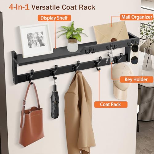 29'' Coat Rack Wall Mount with Shelf, Coat Hanger Wall Mount with Key Hooks and Mail Holder, Wood Entryway Floating Shelf with Hooks and Storage, Hat Rack for Wall Key Holder Mail Organizer - color: Black, size: 29 Inch Long