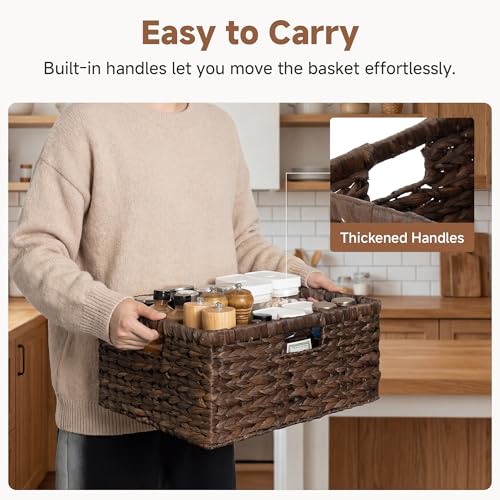StorageWorks Large Storage Baskets for Shelves, Wicker Shelf Baskets for Organizing, Water Hyacinth Basket with Handles, Decorative Storage Basket for Toy, Pantry Organizers - color: Brown (Water Hyacinth), size: 16 ½"L x 13"W x 7 ½"H