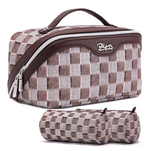 BOYATU Travel Makeup Bag for Women: Large Cosmetic Bag Set of 3 - PU Leather Make up Bag with Compartments - Compact Waterproof Toiletry Bag with Divider & Handle (D-3-Brown) - color: D-3-Brown