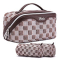 BOYATU Travel Makeup Bag for Women: Large Cosmetic Bag Set of 3 - PU Leather Make up Bag with Compartments - Compact Waterproof Toiletry Bag with Divider & Handle (D-3-Brown) - color: D-3-Brown