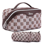 BOYATU Travel Makeup Bag for Women: Large Cosmetic Bag Set of 3 - PU Leather Make up Bag with Compartments - Compact Waterproof Toiletry Bag with Divider & Handle (D-3-Brown) - color: D-3-Brown