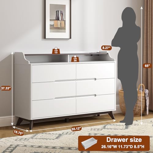 Dresser for Bedroom with 6 Drawers, 55" Large Dresser w/Charging Station, Open Shelf Top, Pre-Installed Slides, Wood Closet Clothes Storage Long Dressers for Bedroom, Living Room, Hallway, White - color: White, size: 16"D x 55"W x 37"H (6 Drawers)
