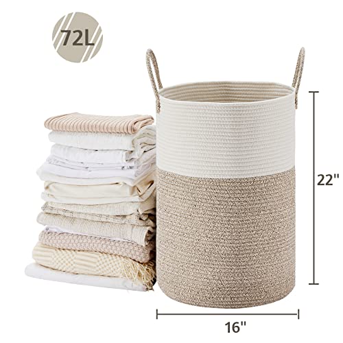 VIPOSCO Large Laundry Hamper, Tall Woven Rope Storage Basket for Blanket, Toys, Dirty Clothes in Living Room, Bathroom, Bedroom - 72L White & Brown - color: Brown, size: 72L