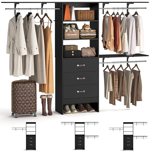 iSunirm 8FT Closet System, 96'' Closet Organizer System with 3 Hanging Rods, Wall Mount Bedroom Wardrobe with 3 Drawers Walk-in Closet, Adjustable Cloth Garment Rack from 5 to 8FT (Cut to Fit), Black - color: Black