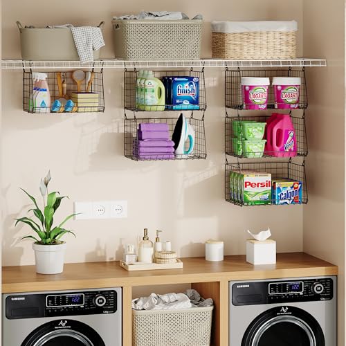 3-Pack Hanging Laundry Room Organizaton：Foldable Laundry Basket Wire Basket with 360°Rotating Hooks Small Space Organization Over Washer and Dryer Shelves - Hanging Closet Organizer, Black Patent - size: 3-Pack 13.9*11*28.9inch