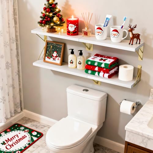 BAYKA Wall Shelves for Bedroom Decor, Floating Wall Shelf for Living Room Kitchen Storage, Mounted Rustic Wood Shelves for Kids Books, Christmas Decorations for Room(White and Gold，Set of 4) - color: B. White Board & Gold Brackets, size: 16-inch Mixed