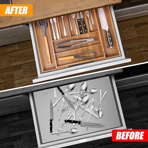 Bellsal Large Premium Acacia Wood Silverware Organizer - Expandable Utensil Drawer Organizer - 17"x19.6" Utensil Holder and Cutlery Tray with Grooved for Kitchen Flatware Utensils(7-9 Slot, Acacia) - color: Acacia, size: 9 Slots Expandable