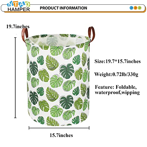 NTAOHAMPER Round Green Laundry Hamper, Jungle Themed Nursery Decor, Tropical Pattern Basket, Monstera Room Decor,Waterproof Storage Bin, Gift Basket(Leaf) - color: Leaf