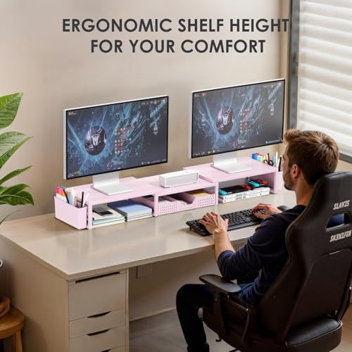 OPNICE Desk Organizers and Accessories, Dual Monitor Stand Riser with Drawer and 2 Pen Holders, Desk Shelf Metal Computer Racks for Office Workspace Organizers, Desktop Organization (Pink Metal) - color: Pink Metal, size: With drawer and pen holder