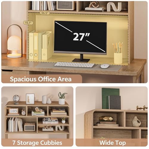 5-Tier Desk Shelf, 37.4''W Desktop Bookshelf for Computer Monitor, Desktop Organizer Shelf Storage Rack with 6 Cubbies, 5-Level Desk Hutch Display Rack for Home, Office, Dorm, Vanity, Natural - color: Natural, size: 37.4''W