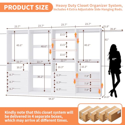 Closet System with 4 Sets, 8–21 FT Closet System with 6 Drawers, 9 Shelves & 8 Hanging Rods, Max 252″ Closet Organizer System for Walk in Closets, Modular Custom Wood Closet Kit, White