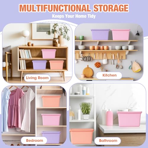 Potchen 6 Pack Cute Plastic Storage Bins with Lids Decorative Stackable Storage Boxes 9.8" ×7.3" ×5.7" Small Storing Totes for Organizing Craft Office Supplies (Pink,Purple,Orange) - color: Pink,Purple,Orange