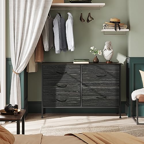 WLIVE Dresser for Bedroom with 5 Drawers, Wide Dressers with Drawer Organizers, Chest of Drawers, Fabric Dresser for Living Room, Closet, Hallway, Charcoal Black Wood Grain Print - color: Charcoal Black Wood Grain Print