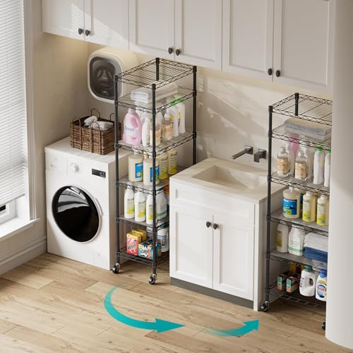 SINGAYE 6 Small Shelf Storage Wire Shelves Closet Bathroom Organizers Metal Pantry Kitchen Garage Shelving Unit Laundry Room Organization Home Narrow Rack Net Basket with Wheels Black - color: Black, size: 6Tier/11.5"D X 17.5"W X 61.5"H