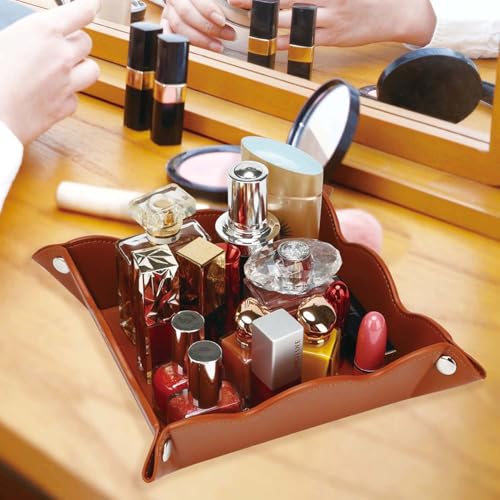 Valet Tray for Men Women - PU Leather Travel Catchall Tray Organizer - Desk Bedside Nightstand Storage Box for Jewelry Key Phone Remote Controller Wallet Watch Glasses Coin Readers -Brown - color: Brown