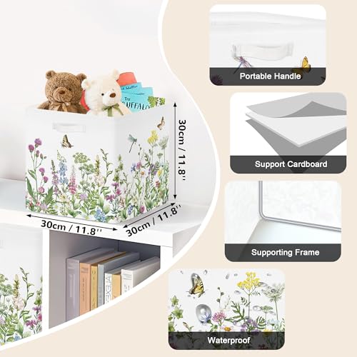 Clastyle Flowers Storage Cube Organizer Set Handle Closet Clothes Cube with Metal Frame Foldable Parents Organizer Storage Basket for Book Toy,Green,11.8x11.8x11.8 in - color: Green