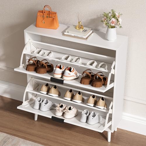 BORNOON Shoe Cabinet for Entryway with 2 Flip Drawers, Slim Wooden Shoe Storage Organizer with Modern Fluted Pannel，Freestanding Narrow Hidden Shoe Rack for Hallway, Foyer, Living Room - color: White, size: 2 Flip Drawers