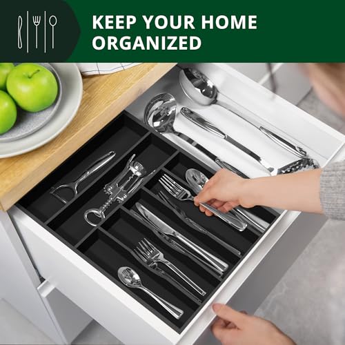 ROYAL CRAFT WOOD Luxury Bamboo Kitchen Drawer Organizer - Silverware Organizer - Utensil Holder and Cutlery Tray with Grooved Drawer Dividers for Flatware and Kitchen Utensils (7 Slot, Black) - color: Black, size: 7 Slot