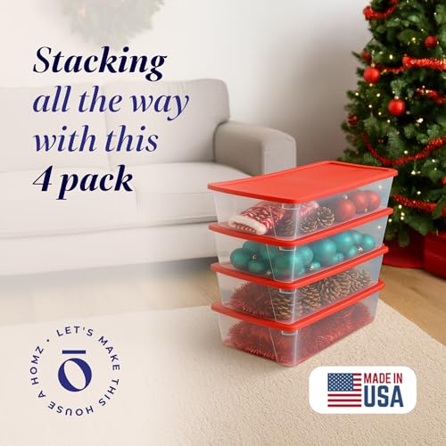 HOMZ 4-Pack Holiday Tote, Clear Plastic Storage Organizer Bins with Lids, 41 Quart, Red - Stackable Organizing Containers for Home, Garage, and Office - size: 41 QT (4 Pack)