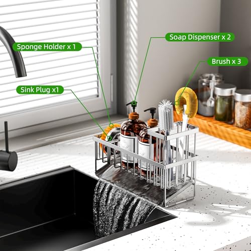 Cisily Extra Large Silver Kitchen Sink Caddy Organzier with High Brush Holder, Sponge Holder for Sink, 304 Rustproof Stainless, Kitchen Countertop Soap Dispenser Organizer For Decor and Accessories - color: Silver, size: 10.62″
