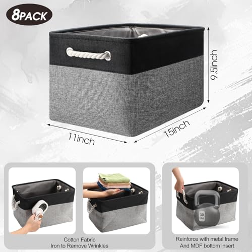 meekoo 8 Pack Collapsible Storage Bins Fabric Storage Bins Polyester Fabric Baskets with Handles Linen Closet Organizer for Shelf Home Closet Towels Toys(15 x 11 x 9.5 in,Black Gray) - color: Black Gray, size: 15 x 11 x 9.5 In