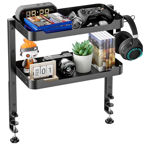 ARES WING 2-Tier Clamp On Desk Shelf, 16 inch Adjustable Above or Under Desk Storage Shelves Holds 66 lbs, Heavy Duty Desktop Organizer with Headphone Holder for Working and Gaming Accessories, Black - color: Black, size: Dual Shelf