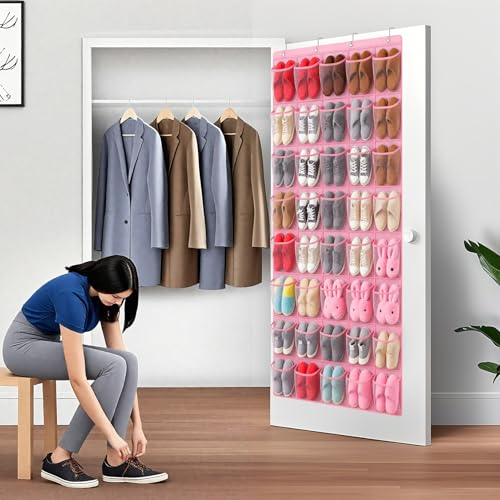 40-Pocket Over the Door Shoe Organizer - Large Mesh Pocket Hanging Shoe Organizer,Behind the Door Shoes Storage Holder Hanger (Pink) - color: Pink
