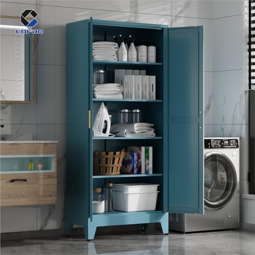 COFaR Metal Pantry Cabinet with Doors, Farmhouse 71'' Tall Storage Cabinet with 4 Adjustable Shelves, Kitchen Pantry Cabinet for Dinning Room, Laundry, Peacock Blue 5-Tier - color: Peacock Blue, size: 71 Tall 2 Doors-Farmhouse
