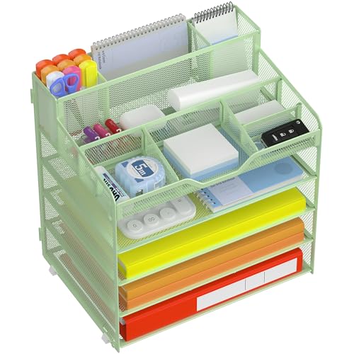Docnest 5 Tier Mesh Desk Organizer for Paper Office Supplies – Multi-Functional Letter Tray with 5 Adjustable Compartments, 3 Pen Holders, Desktop Storage for Files, Mail, Stationery – Green - color: Green, size: 12.7" x 9.1" x 13.2"